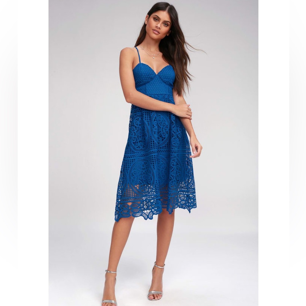 Lulu’s Real Life Dream Cobalt Blue Lace Midi Dress